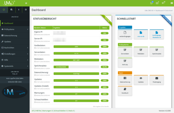 Startseite des Admin Panels LMs CMS OS 4.0