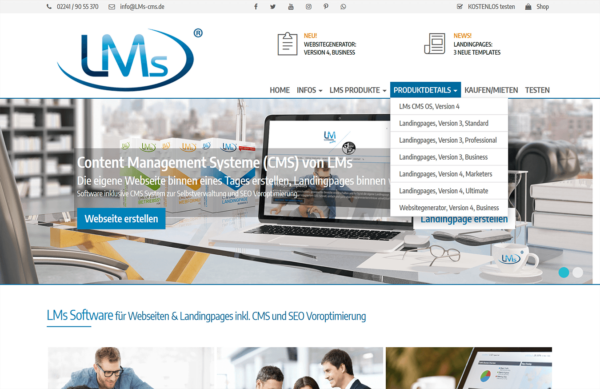 Header (Kopfbereich) mit Slider, Logo, Navigation, Infoleisten, Socialmedia, externe Links