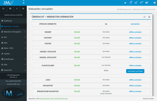 Webseite verwalten: Bereiche per Klick ein-/ausschalten