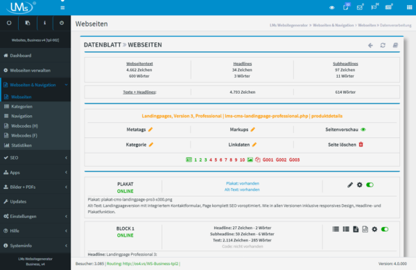 Datenblatt zur Webseite: Verwaltung der einzelnen Webseite über ein übersichtliches Datenblatt