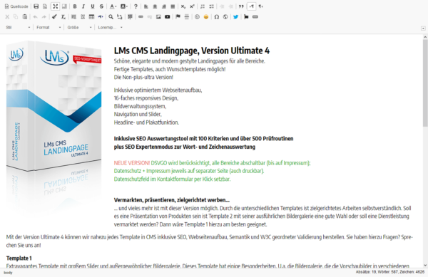 HTML Editor: Umfangreicher Editor mit zahlreichen Funktionen, u.a. Bild-/Videoeinbindung