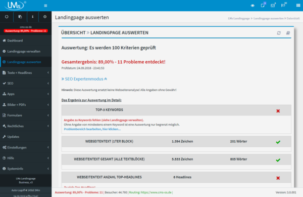 Landingpage auswerten: Schnelle und übersichtliche Auswertung mit 100 Kriterien und über 500 Prüfroutinen. Bei Problembereichen per Klick zum Bereich wechseln