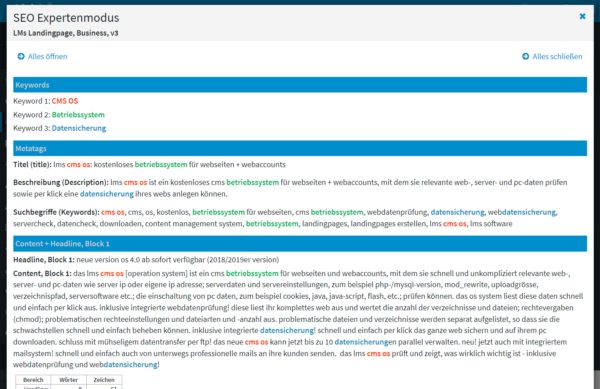 Landingpage auswerten, Expertenmodus: Schnell und effizient sehen, wo sich welches Keyword im Text und in den Metatags befindet. Inkl. Wort- und Zeichenauswertung