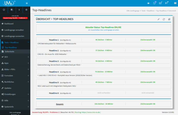 Texte + Headlines: Topheadlines einfügen/ändern. Mit integrierter SEO Auswertung