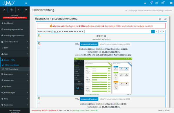 Bilderverwaltung: Konfortable Bilderverwaltung, worüber Bilder auf das Web hochgeladen und gelöscht werden können. Inkl. Linkangabe zur internen und externen Nutzung