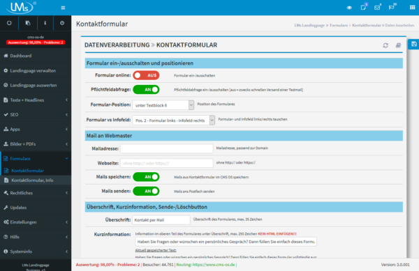 Kontaktformular: Über 150 Funktionen beinhaltet das integrierte Kontaktformular. Per Klick ein-/ausschaltbar