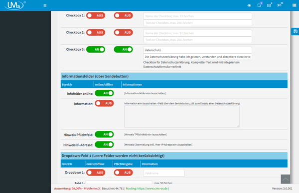 Kontaktformular: Datenschutz per Checkbox. Per Klick ein-/ausschaltbar. Infotext änderbar