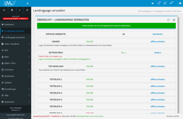 Landingpage verwalten: Schnell und einfach per Klick die Landingpage verwalten. Viele Bereiche per Klick änderbar