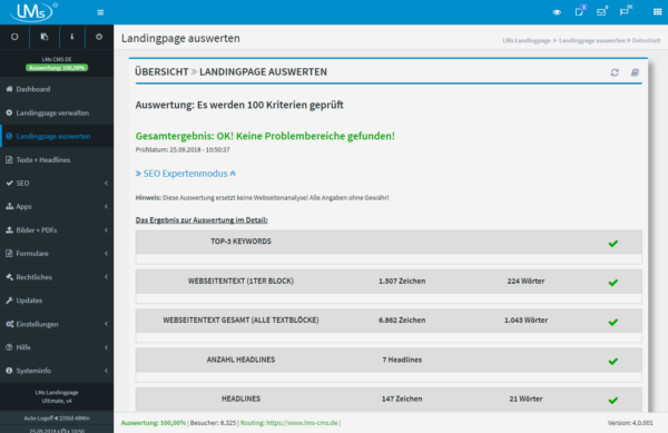 Landingpage auswerten: Schnelle und übersichtliche Auswertung mit 100 Kriterien und über 500 Prüfroutinen. Bei Problembereichen per Klick zum Bereich wechseln