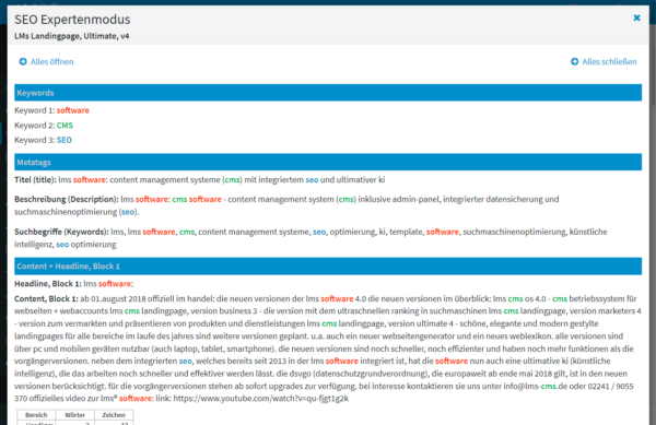 Landingpage auswerten, Expertenmodus: Schnell und effizient sehen, wo sich welches Keyword im Text und in den Metatags befindet. Inkl. Wort- und Zeichenauswertung