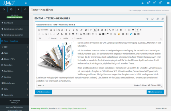 HTML Editor zum Einschreiben von Texten. Zahlreiche Funktionen, u.a. Link-, Bild- und Videoeinbindung