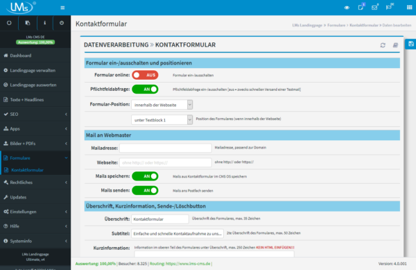 Kontaktformular: Über 150 Funktionen beinhaltet das integrierte Kontaktformular. Per Klick ein-/ausschaltbar