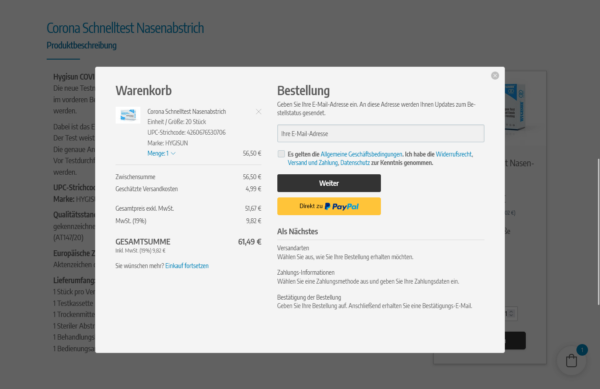 Warenkorb inkl. Rechtlichem und Zahlungsoptionen
