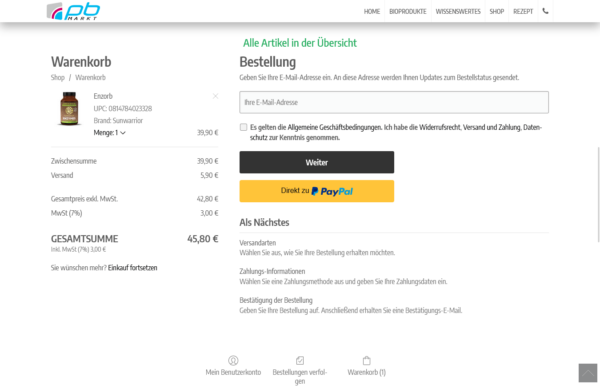 Warenkorb inkl. Rechtlichem und Zahlungsoptionen