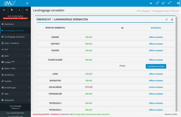 Landingpage: Admin-Panel inkl. aller Bearbeitungsmöglichkeiten